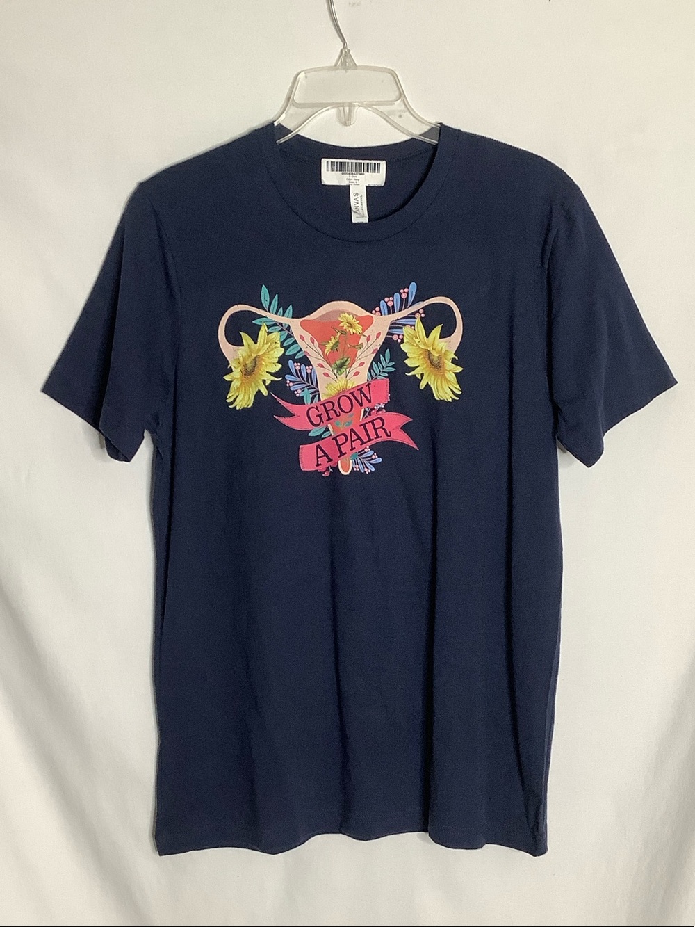 Floral Uterus "Grow A Pair" Navy Graphic Tee Size L